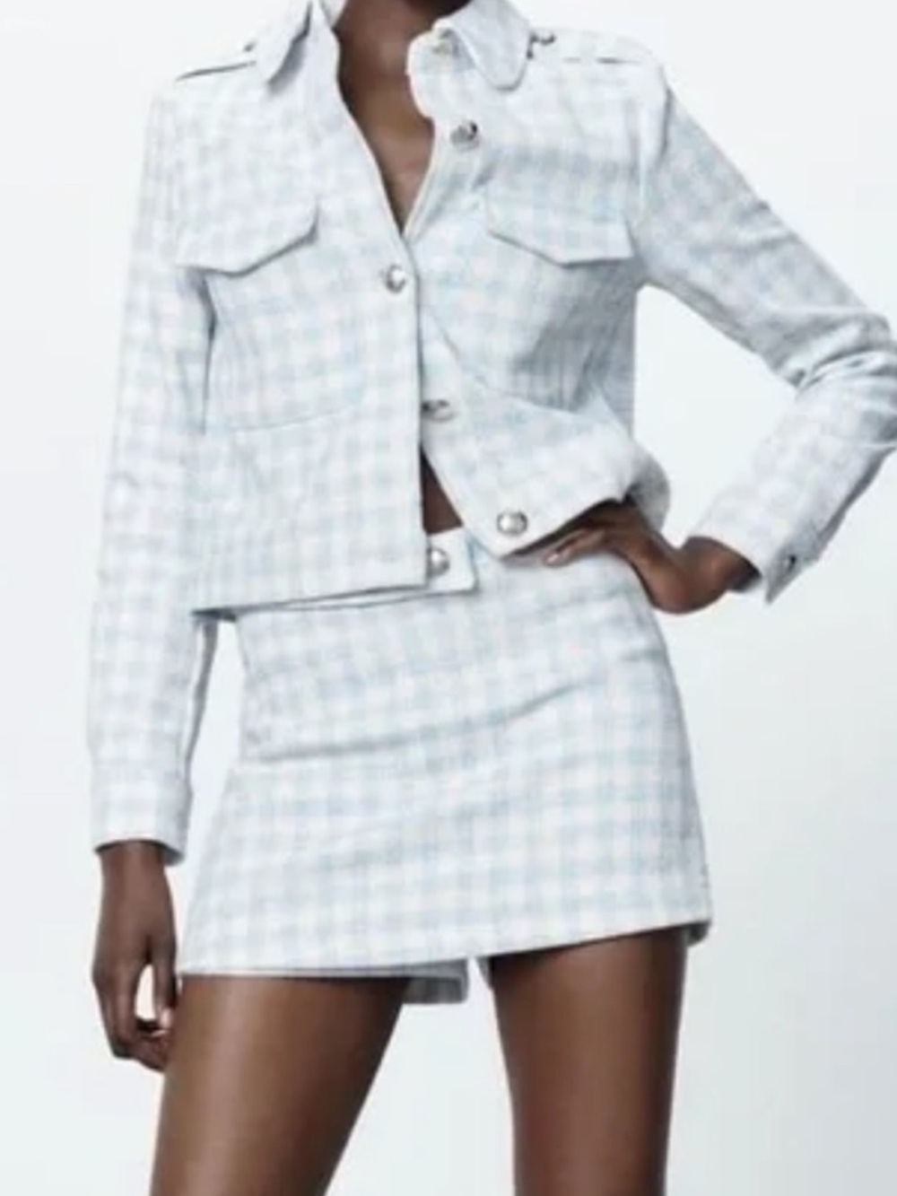 Zara Light Blue and Cream Tweed Jacket & Mini Skirt Set